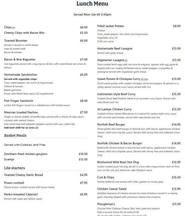 Lunch Menu at the Royal Norfolk