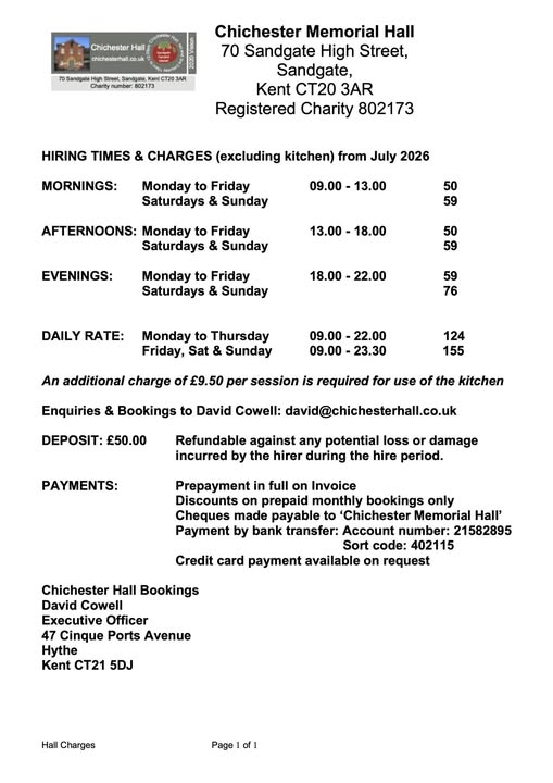 Chichester Memorial Hall Price List June 2026