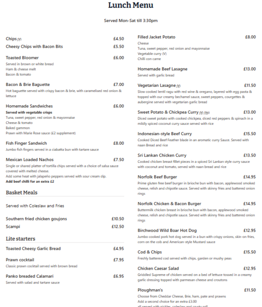 Lunch Menu at the Royal Norfolk