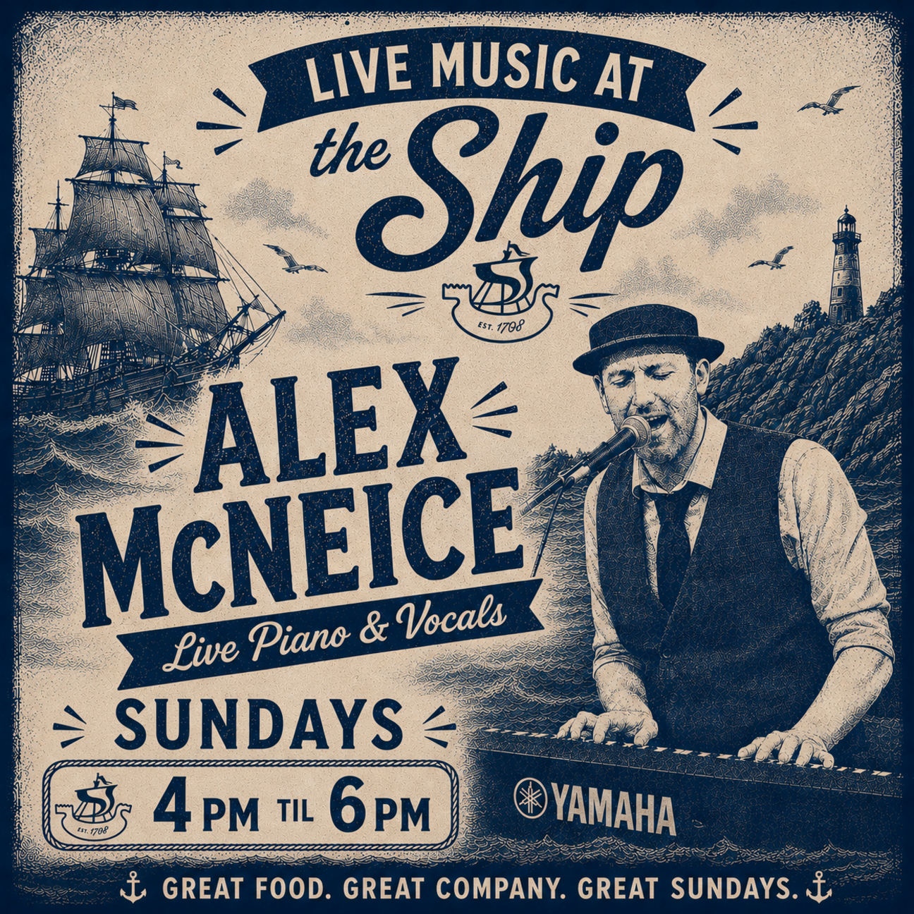 Alex McNeice singing at the Ship Inn with his piano