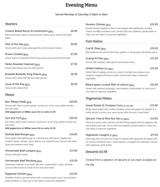 Evening menu at The Royal Norfolk