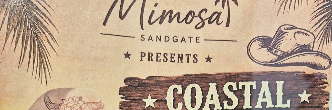 Poster of a young woman in cowboy hat staring straight at user with long blonde hair, for a coastal cowgirl theme night at Mimosa bar on Saturday 17 th October at 8 pm and logos of Cowboy boots and drinks with the sea in the background.
