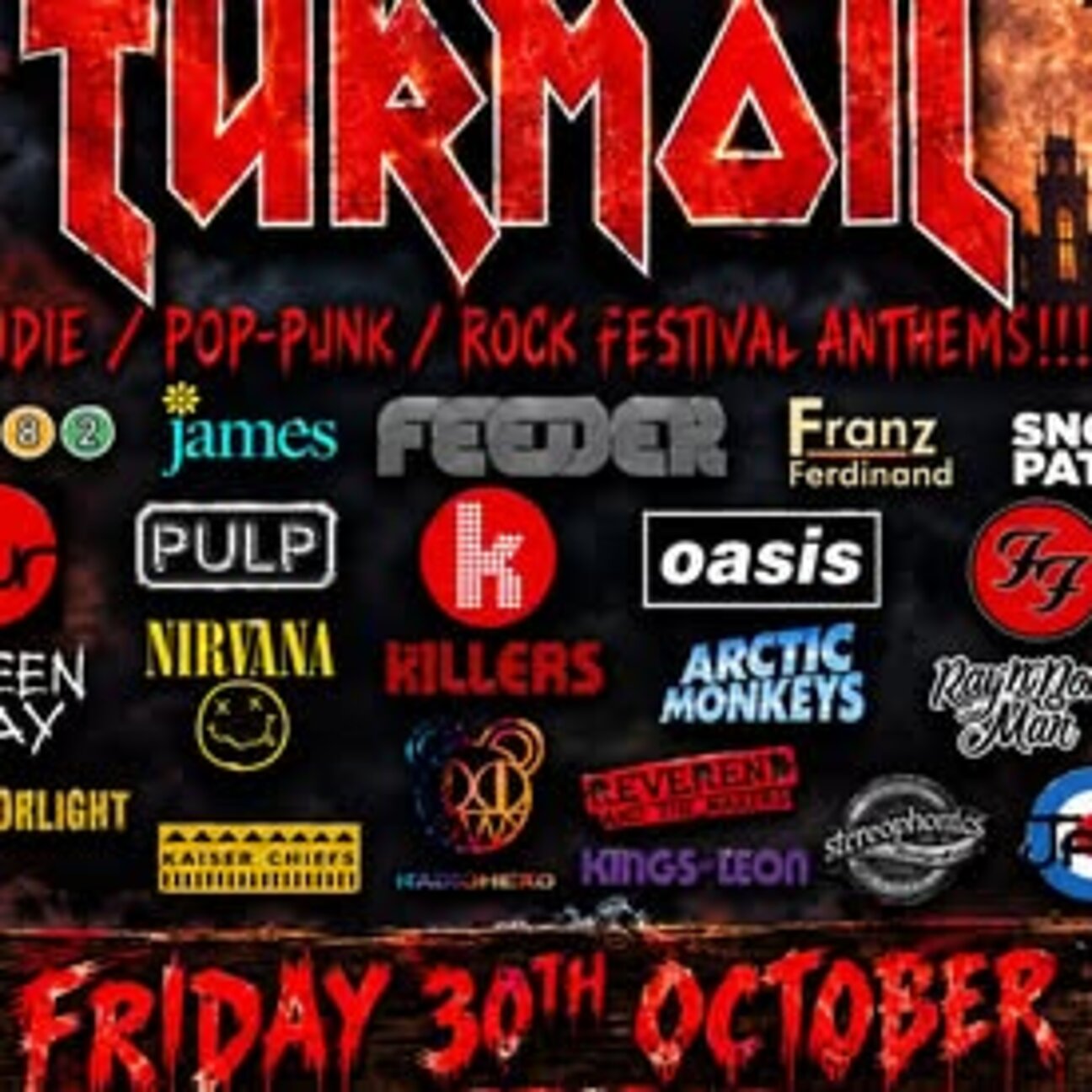 Turmoil poster with different bands icons playing at The Royal Norfolk Friday 30 th October