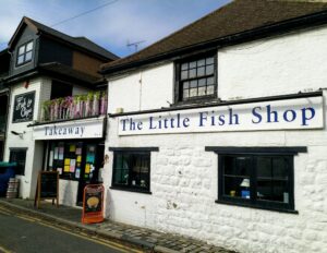 The outside of Little Fish Shop, fish and chip takeaway and restaurant in Sandgate