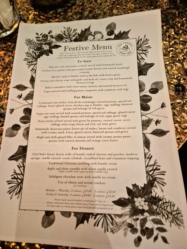 The Famous Ship Inne Festive menu