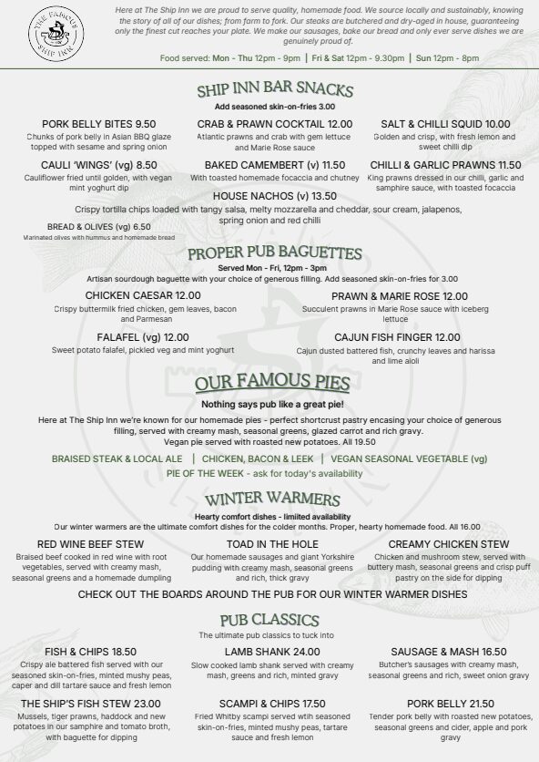 The Ship Inne Menu for Jan 2026