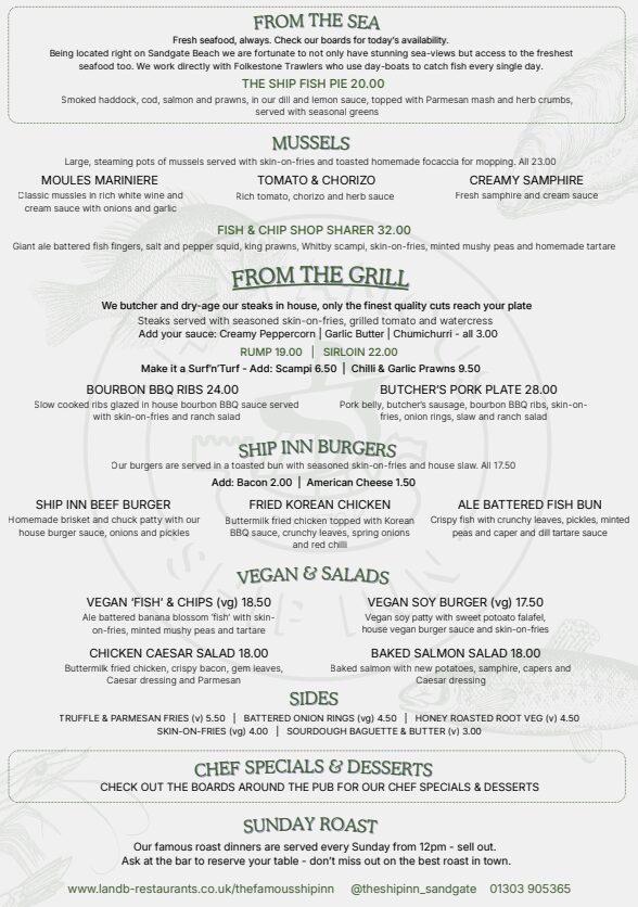 The Famous Ship Inne menu Jan 2026