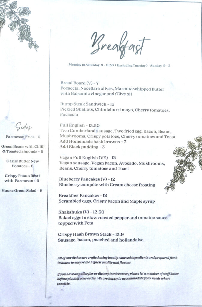 Mimosa restaurant, Sandgate Menu