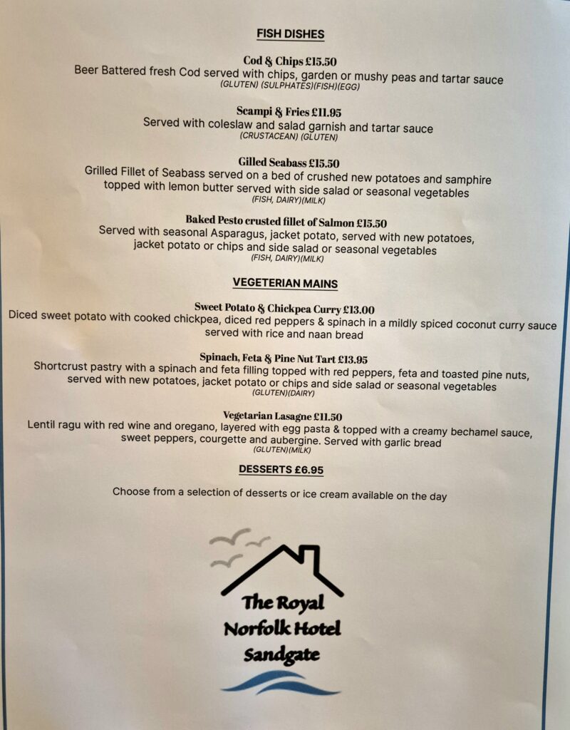 The Royal Norfolk Hotel Menu