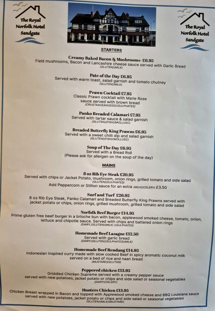 The Royal Norfolk Hotel Menu